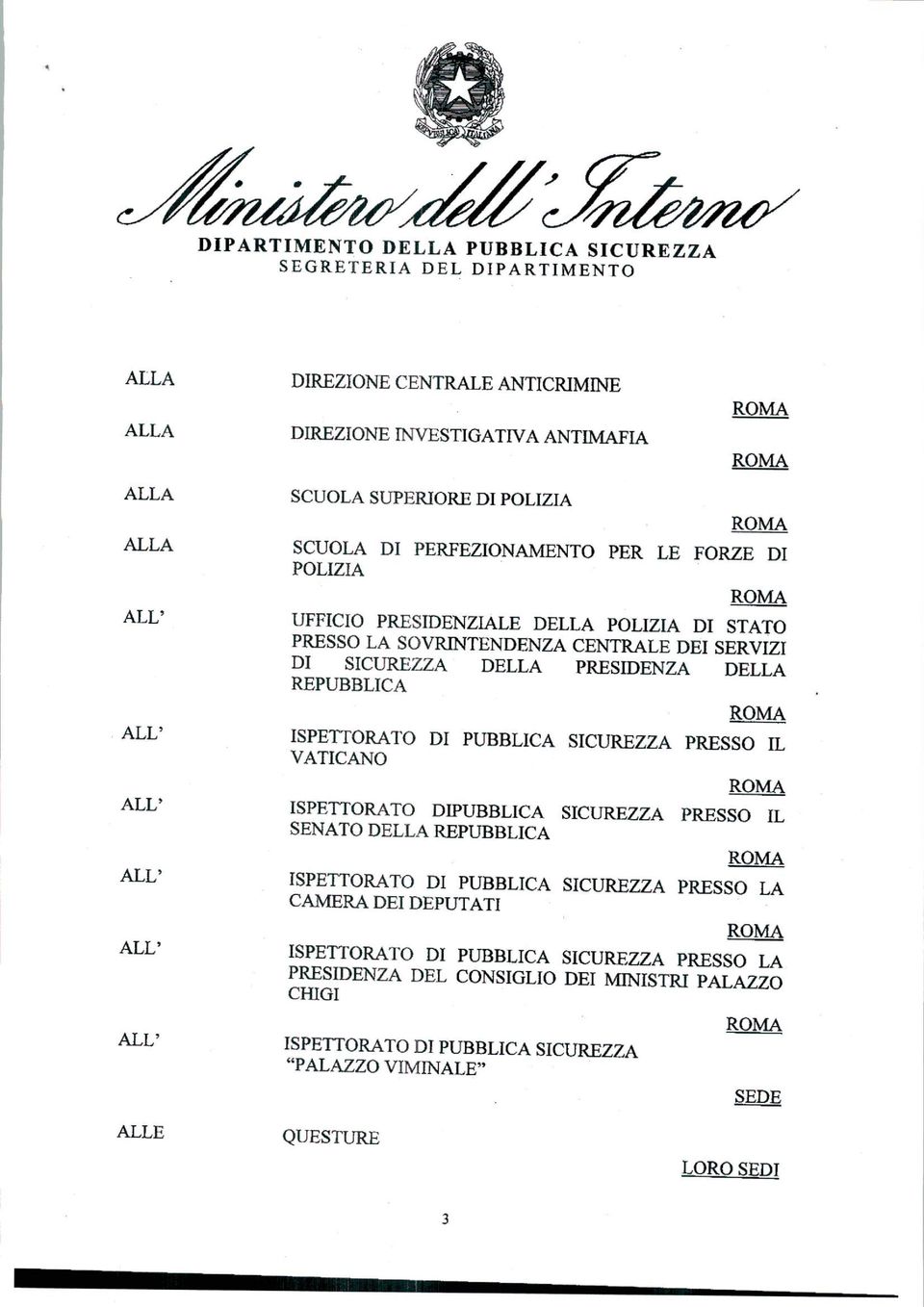 REPUBBLIC ISPETTORTO DI PUBBLIC SICUREZZ PRESSO IL VTICNO ISPETTORTO DIPUBBLIC SICUREZZ PRESSO IL SENTO DELL REPUBBLIC ISPETTORTO DI PUBBLIC SICUREZZ PRESSO L