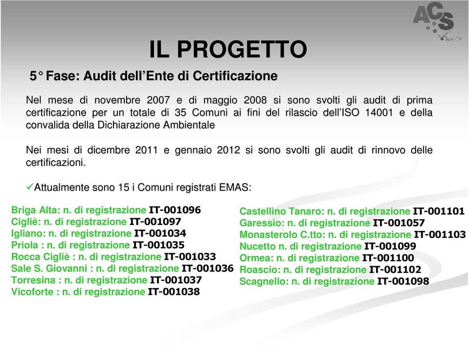Attualmente sono 15 i Comuni registrati EMAS: Briga Alta: n. di registrazione IT-001096 Cigliè: n. di registrazione IT-001097 Igliano: n. di registrazione IT-001034 Priola : n.