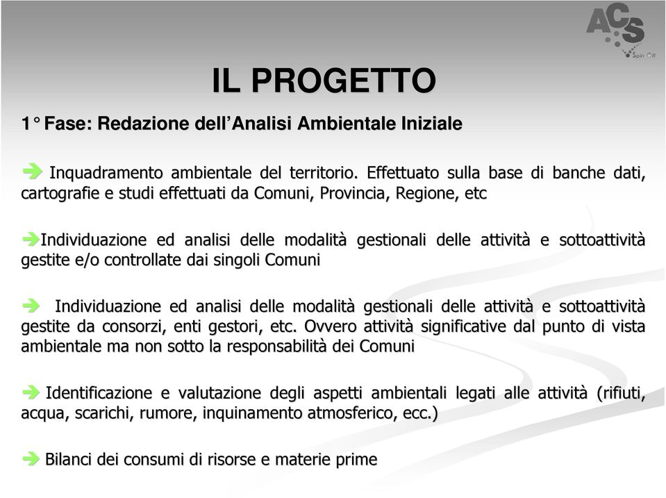 sottoattività gestite e/o controllate dai singoli Comuni Individuazione ed analisi delle modalità gestionali delle attività e sottoattività gestite da consorzi, enti gestori, etc.