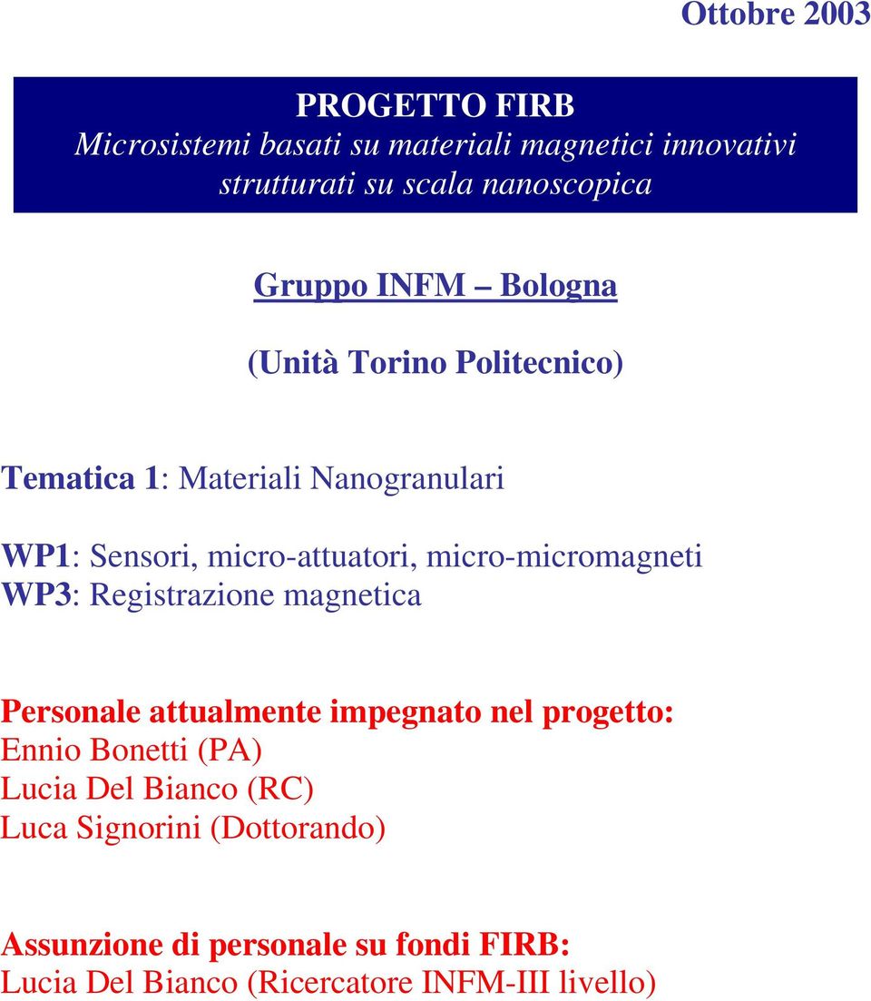 micro-micromagneti WP3: Registrazione magnetica Personale attualmente impegnato nel progetto: Ennio Bonetti (PA) Lucia