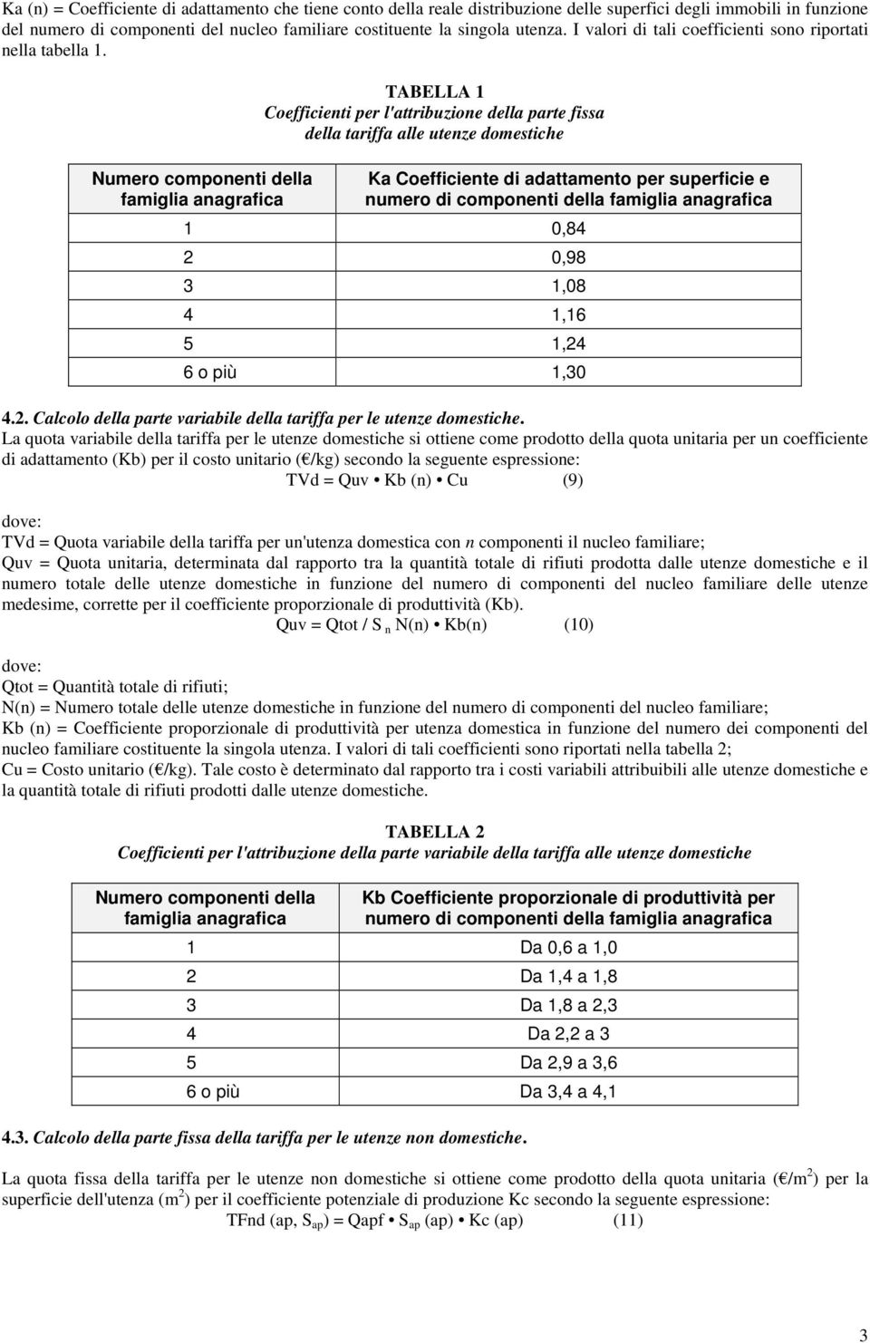 Numero componenti della famiglia anagrafica TABELLA 1 Coefficienti per l'attribuzione della parte fissa della tariffa alle utenze domestiche Ka Coefficiente di adattamento per superficie e numero di