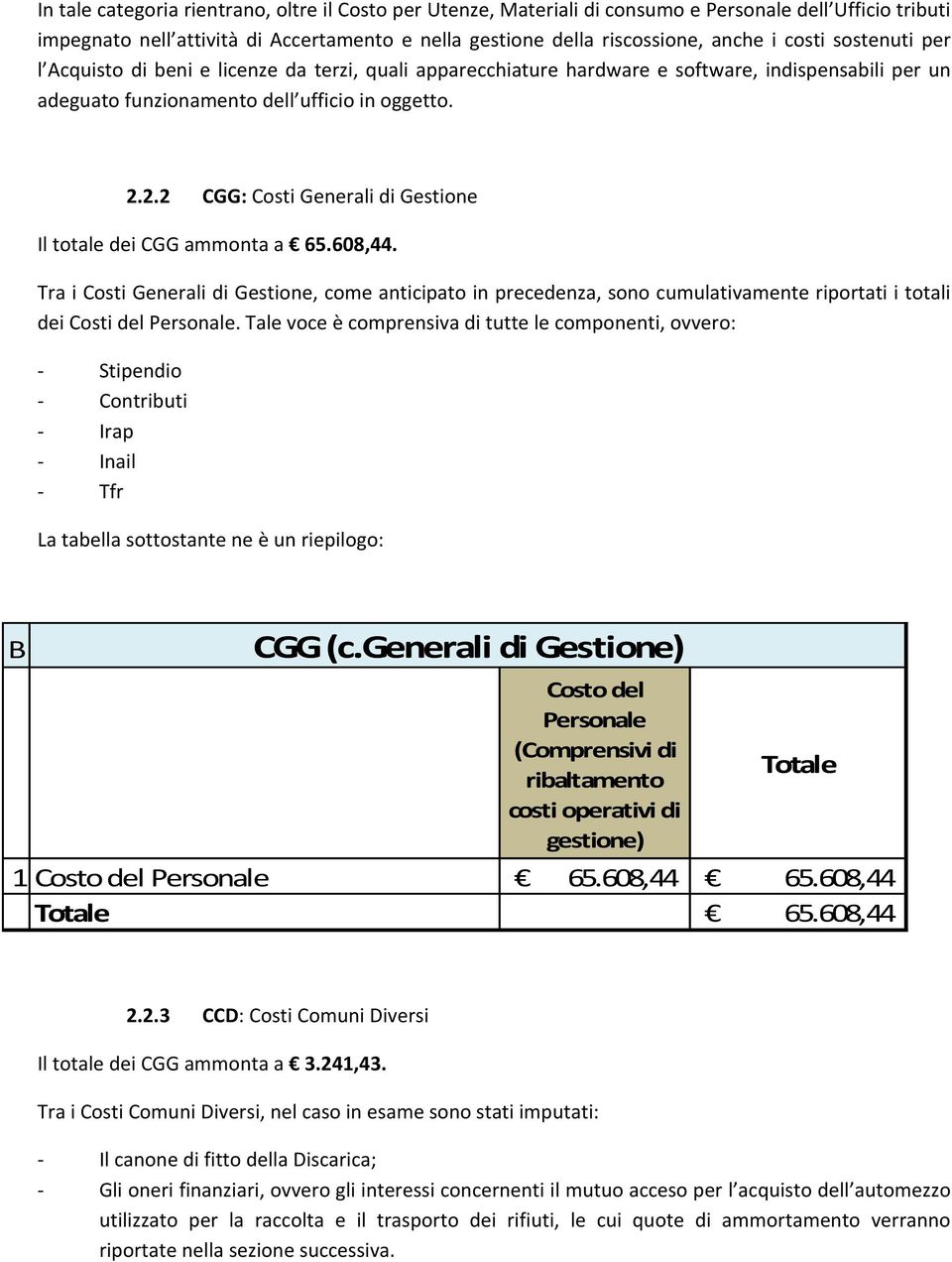 2.2 CGG: Costi Generali di Gestione Il totale dei CGG ammonta a 65.608,44.