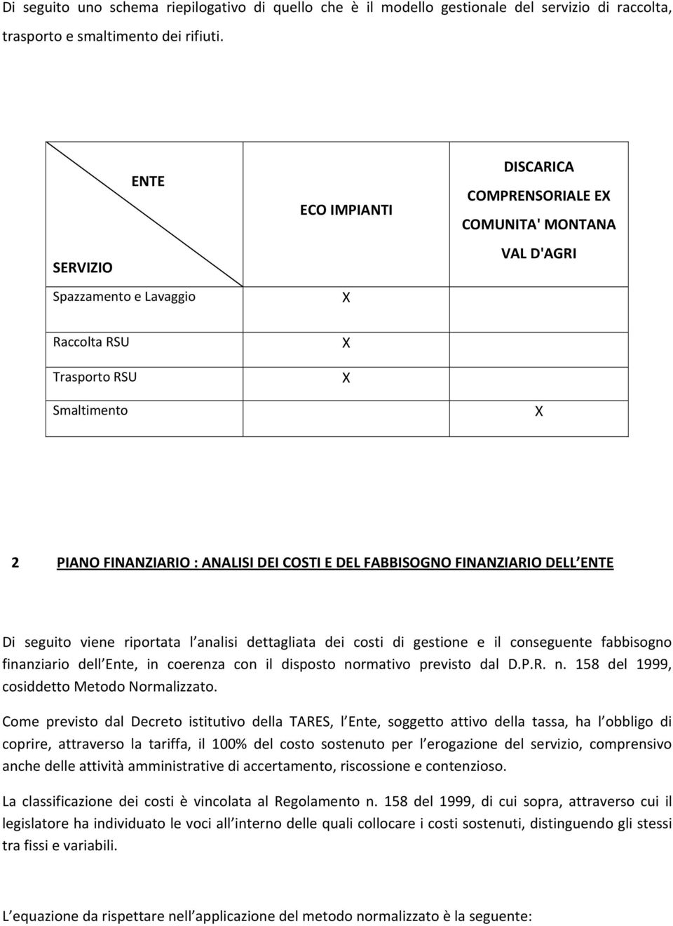 FABBISOGNO FINANZIARIO DELL ENTE Di seguito viene riportata l analisi dettagliata dei costi di gestione e il conseguente fabbisogno finanziario dell Ente, in coerenza con il disposto normativo