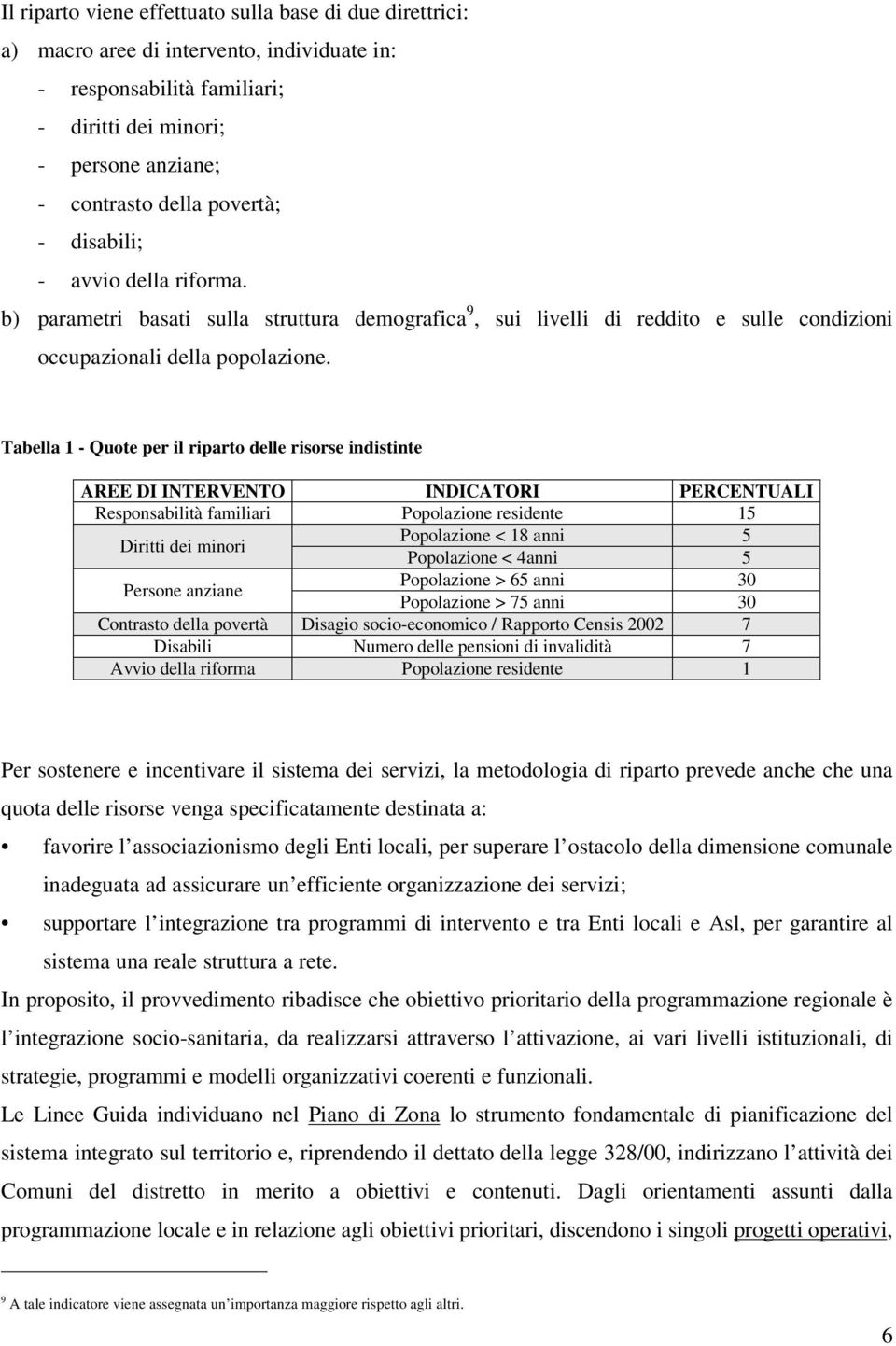 Tabella 1 - Quote per il riparto delle risorse indistinte AREE DI INTERVENTO INDICATORI PERCENTUALI Responsabilità familiari Popolazione residente 15 Diritti dei minori Popolazione < 18 anni 5