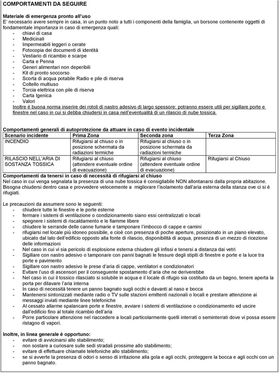 alimentari non deperibili - Kit di pronto soccorso - Scorta di acqua potabile Radio e pile di riserva - Coltello multiuso - Torcia elettrica con pile di riserva - Carta Igenica - Valori Inoltre è