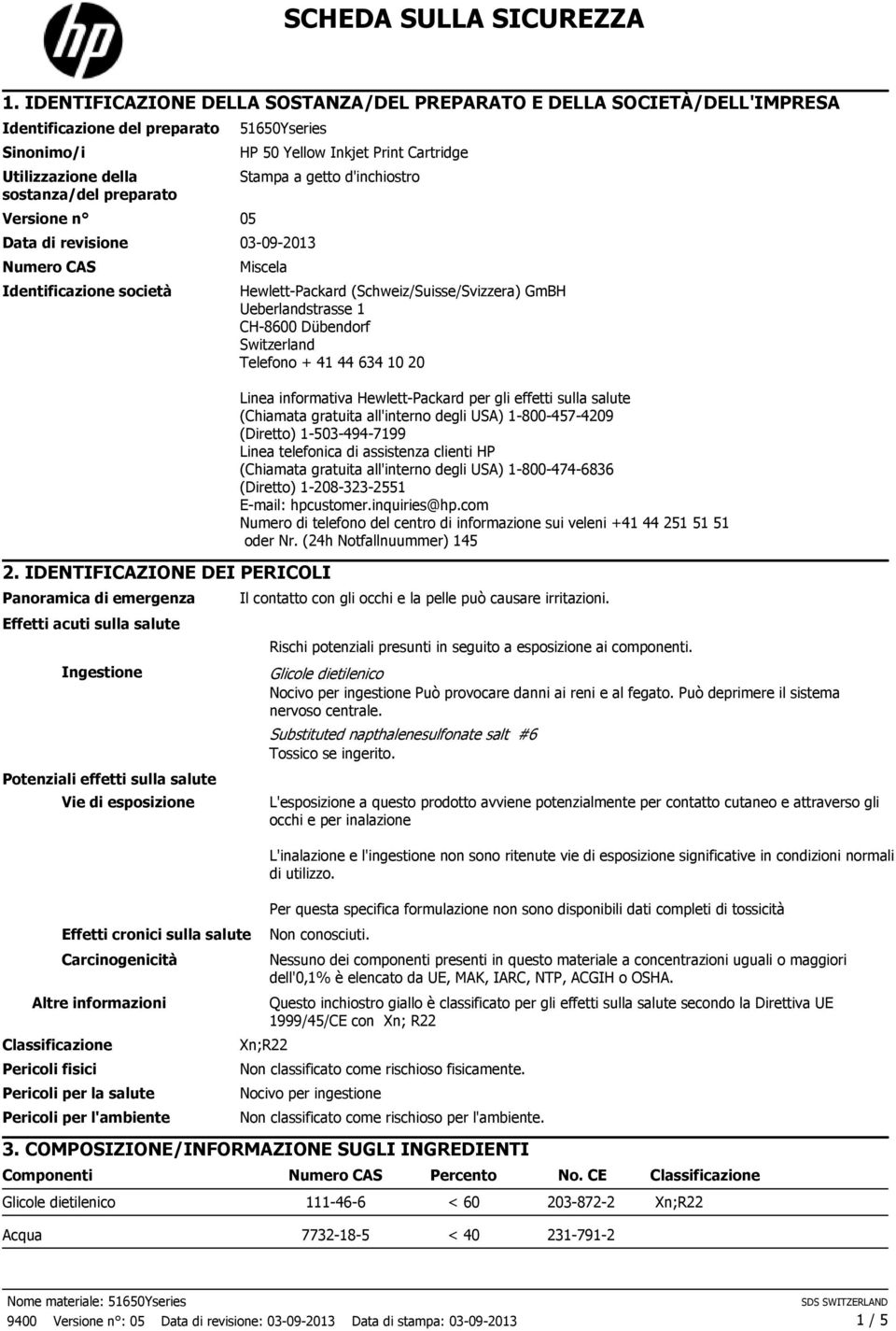 revisione 03-09-2013 Numero CAS Identificazione società HP 50 Yellow Inkjet Print Cartridge Stampa a getto d'inchiostro Miscela 2.