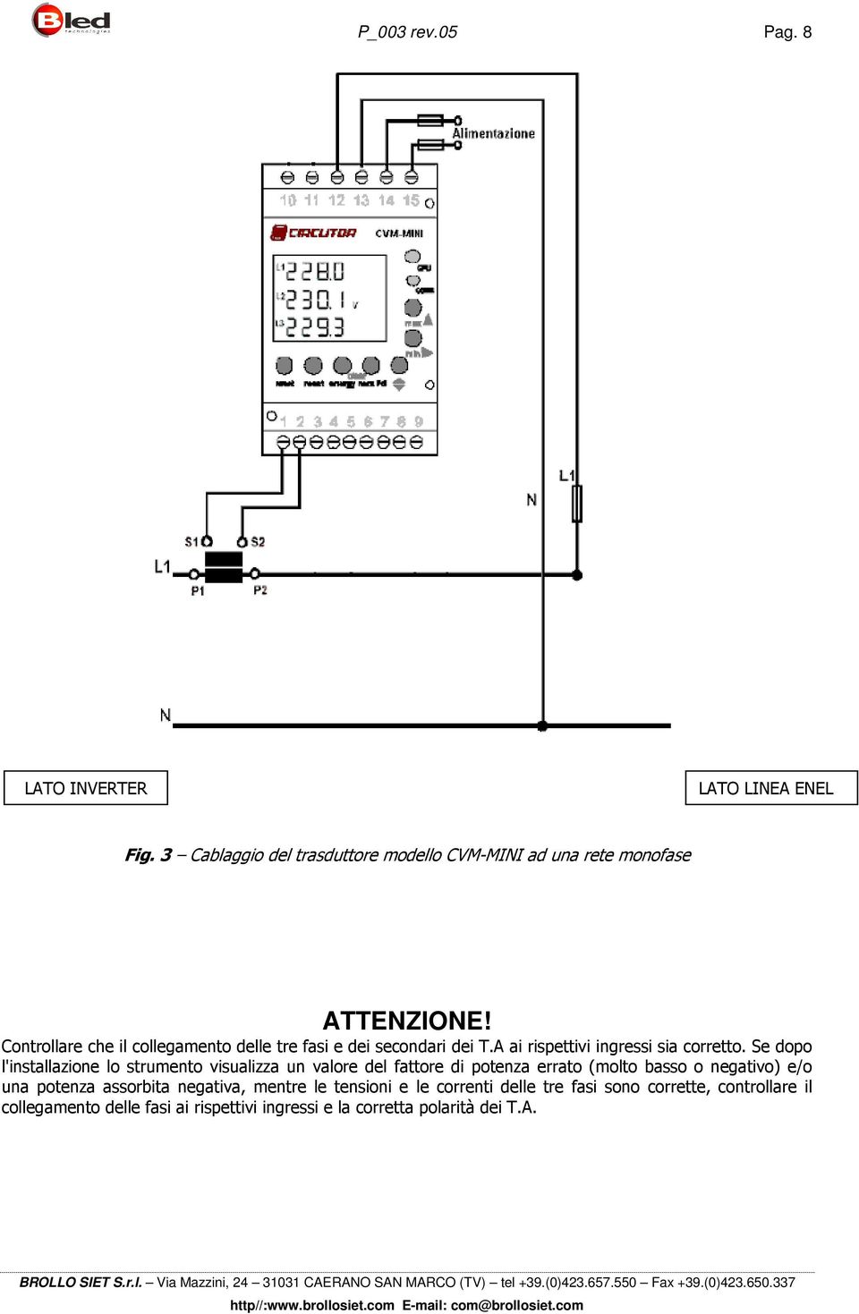 Se dopo l'installazione lo strumento visualizza un valore del fattore di potenza errato (molto basso o negativo) e/o una potenza