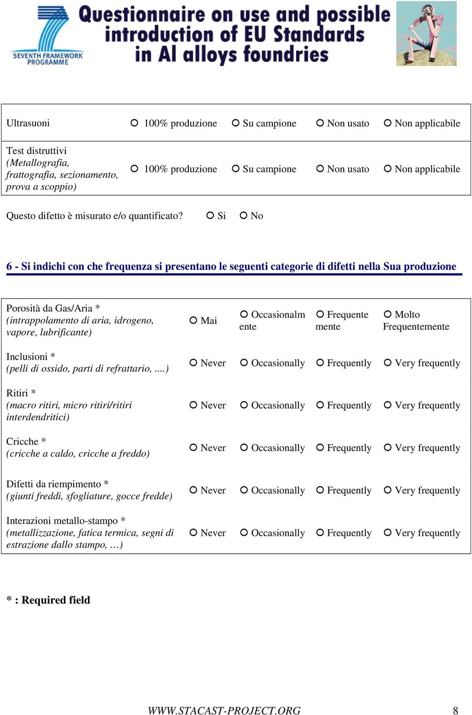 Occasionalm ente Frequente mente Molto Frequentemente Inclusioni * (pelli di ossido, parti di refrattario,.