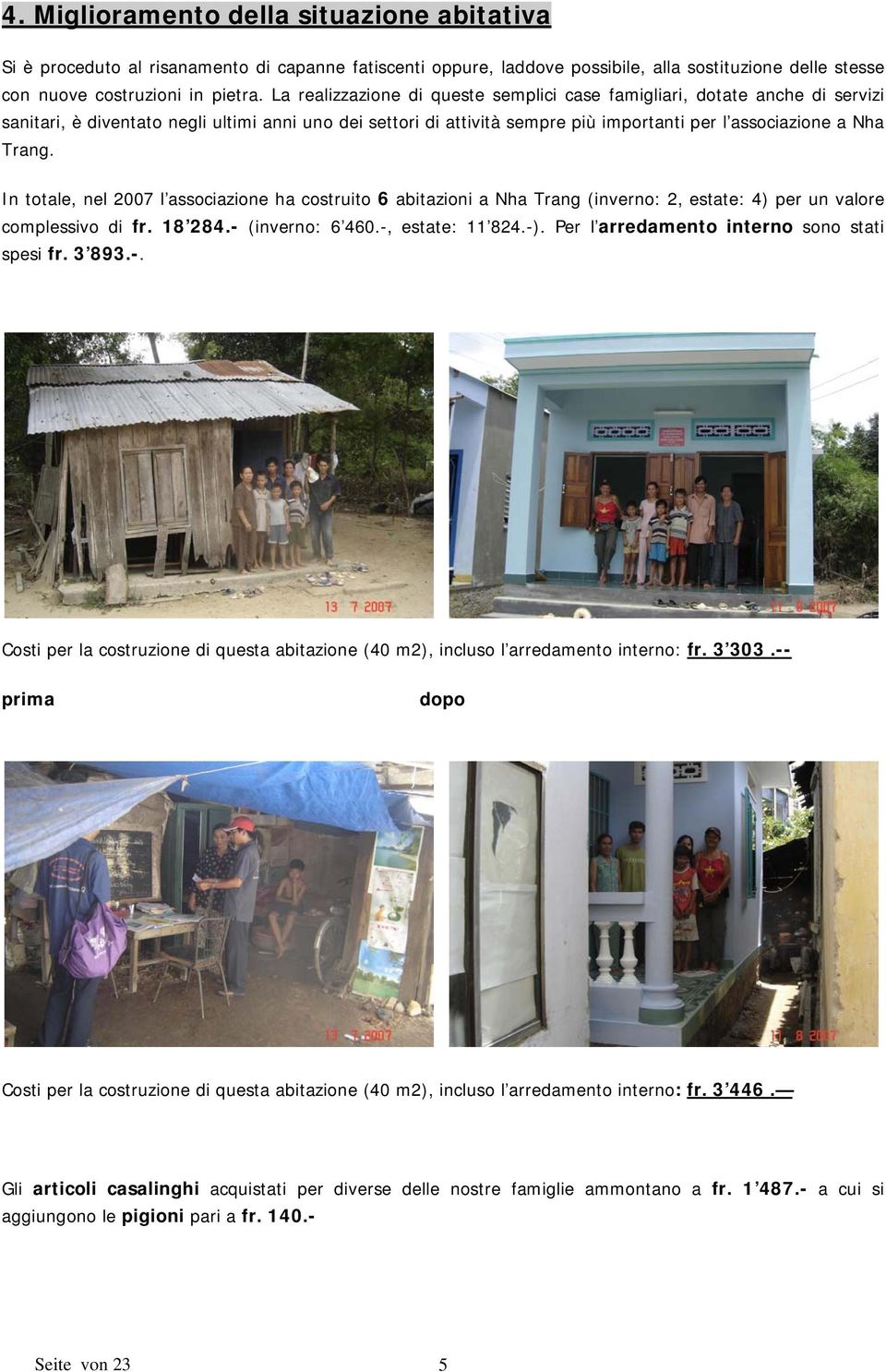 In totale, nel 2007 l associazione ha costruito 6 abitazioni a Nha Trang (inverno: 2, estate: 4) per un valore complessivo di fr. 18 284.- (inverno: 6 460.-, estate: 11 824.-).