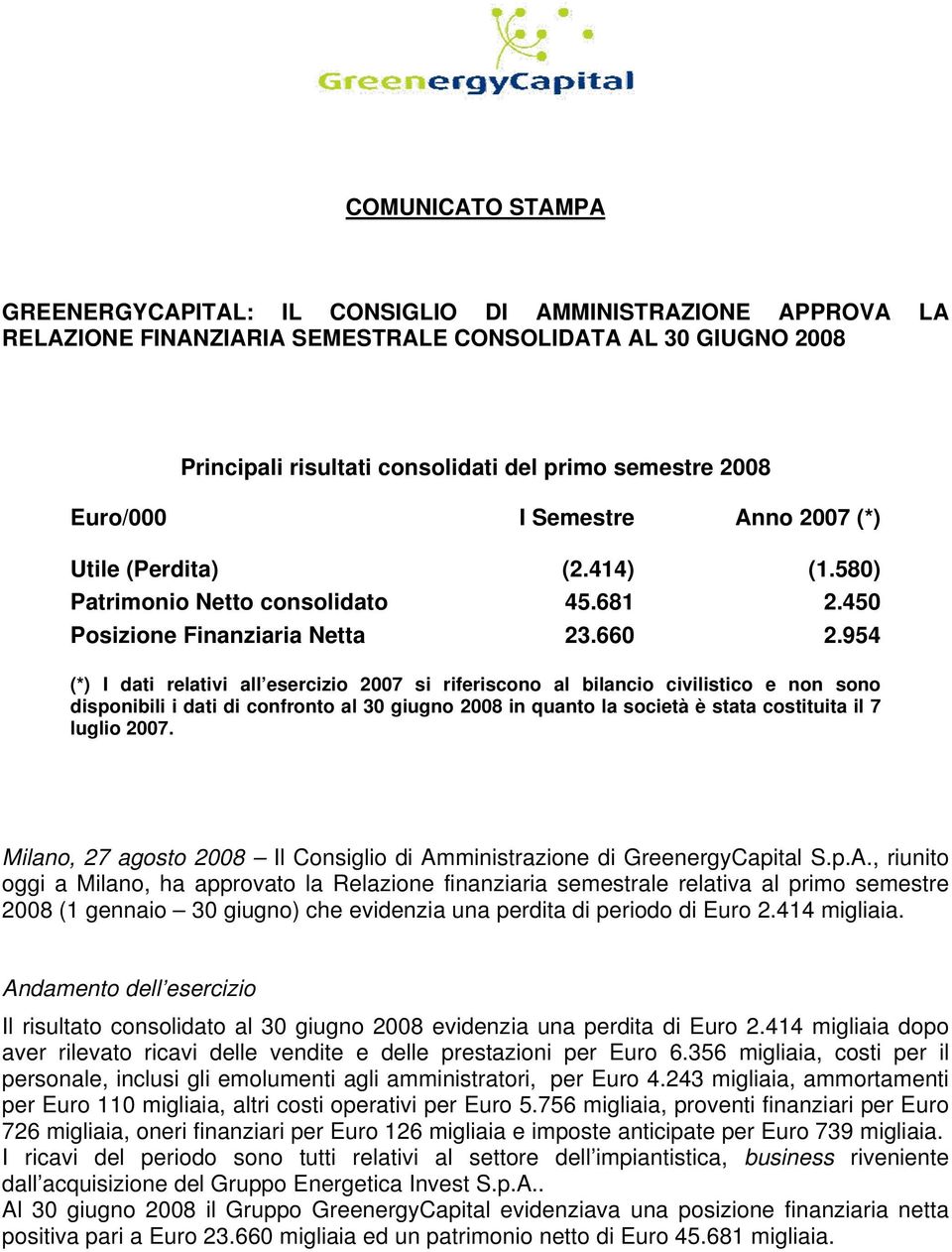 954 (*) I dati relativi all esercizio 2007 si riferiscono al bilancio civilistico e non sono disponibili i dati di confronto al 30 giugno 2008 in quanto la società è stata costituita il 7 luglio 2007.