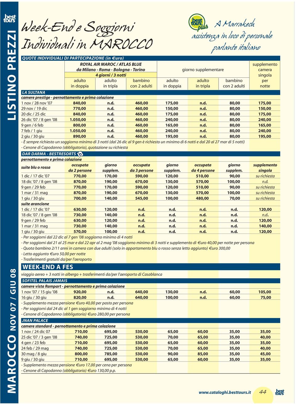 adulti notte LA SULTANA camere prestige - pernottamento e prima colazione 1 nov / 28 nov '07 840,00 n.d. 460,00 175,00 n.d. 80,00 175,00 29 nov / 19 dic 770,00 n.d. 460,00 150,00 n.d. 80,00 150,00 20 dic / 25 dic 840,00 n.