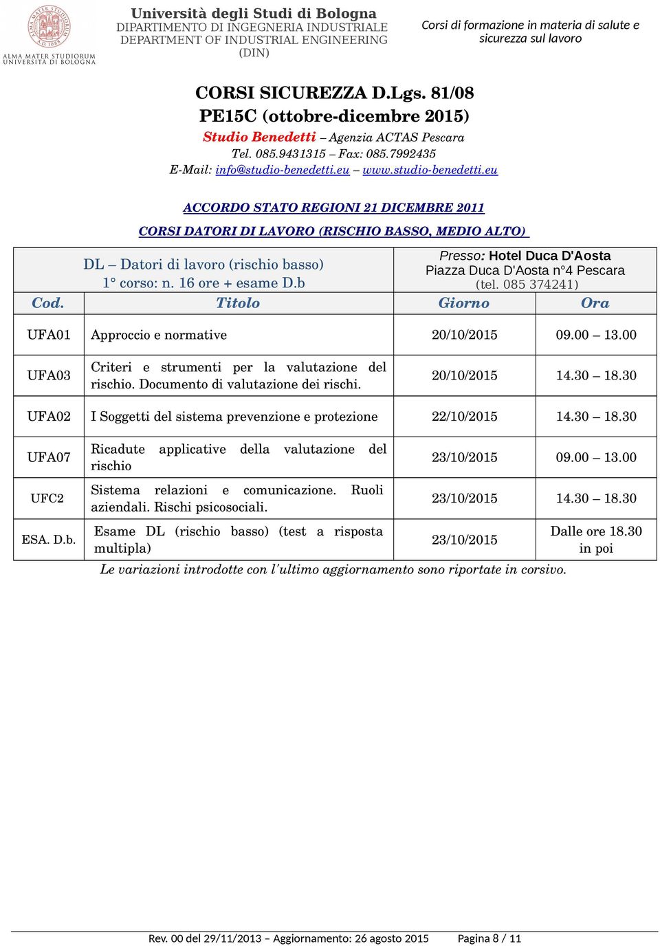 30 18.30 UFA07 UFC2 ESA. D.b. Ricadute applicative della valutazione del rischio Sistema relazioni e comunicazione. Ruoli aziendali. Rischi psicosociali.