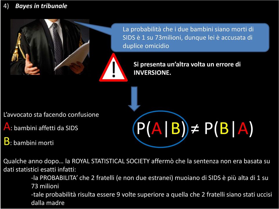 L avvocato sta facendo confusione A: bambini affetti da SIDS P(A B) P(B A) B: bambini morti Qualche anno dopo la ROYAL STATISTICAL SOCIETY affermò che