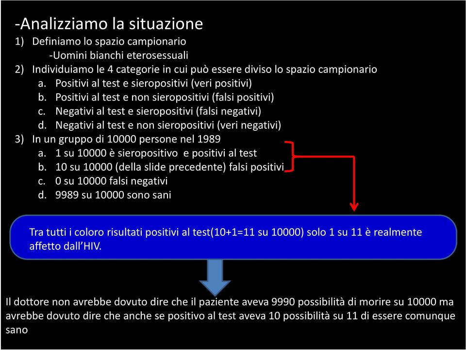 Negativi al test e non sieropositivi (veri negativi) 3) In un gruppo di 10000 persone nel 1989 a. 1 su 10000 è sieropositivo e positivi al test b.