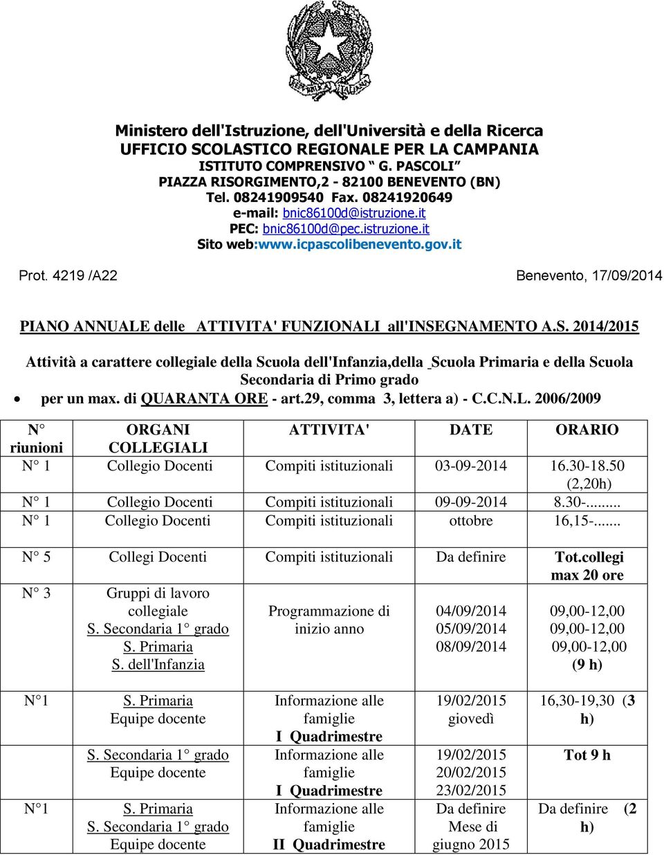 4219 /A22 Benevento, 17/09/2014 PIANO ANNUALE delle ATTIVITA' FUNZIONALI all'insegnamento A.S.