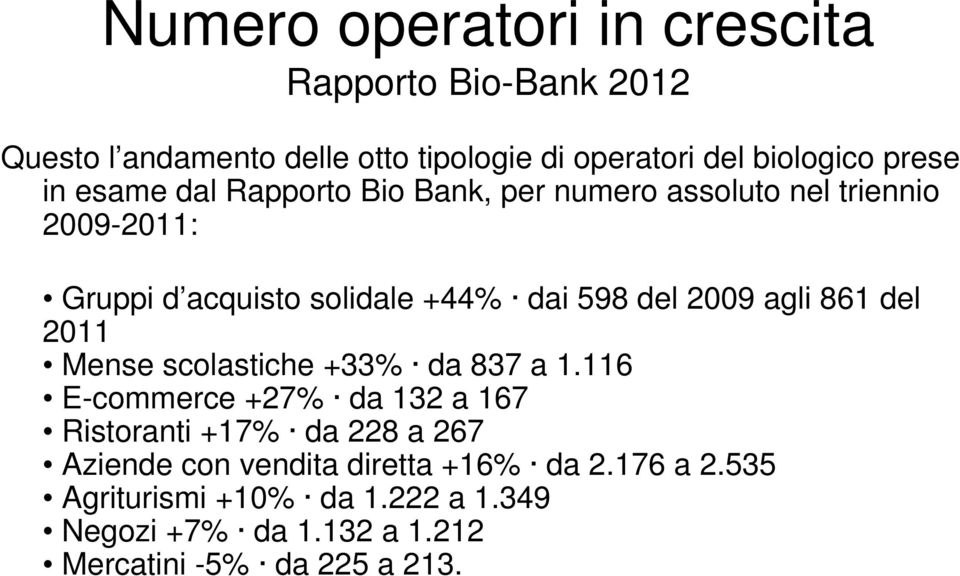 agli 861 del 2011 Mense scolastiche +33% da 837 a 1.