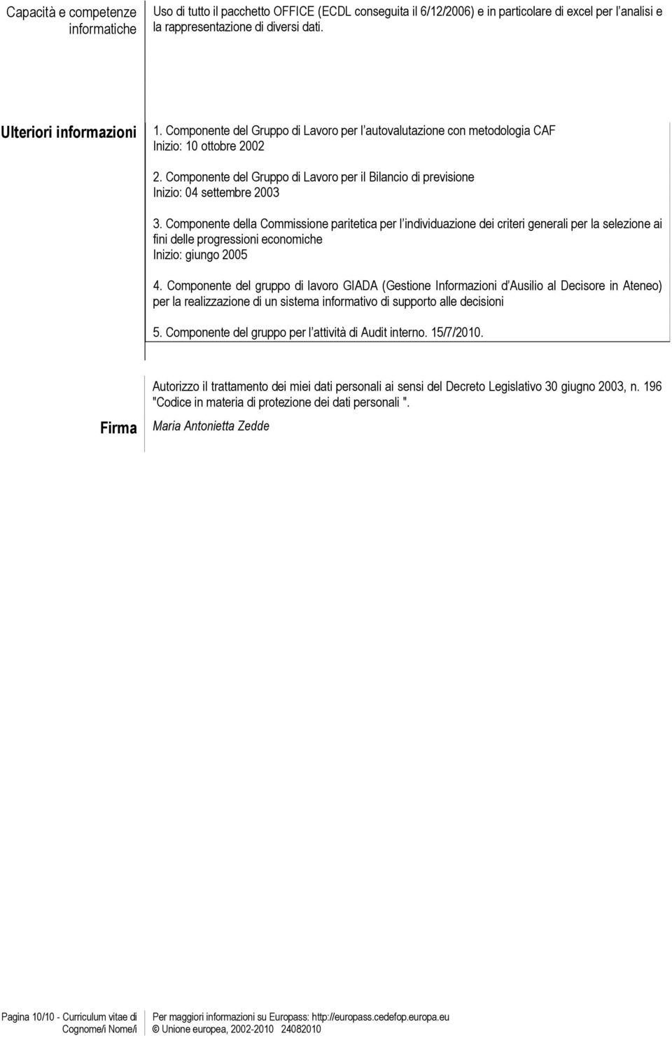 Componente del Gruppo di Lavoro per il Bilancio di previsione Inizio: 04 settembre 2003 3.