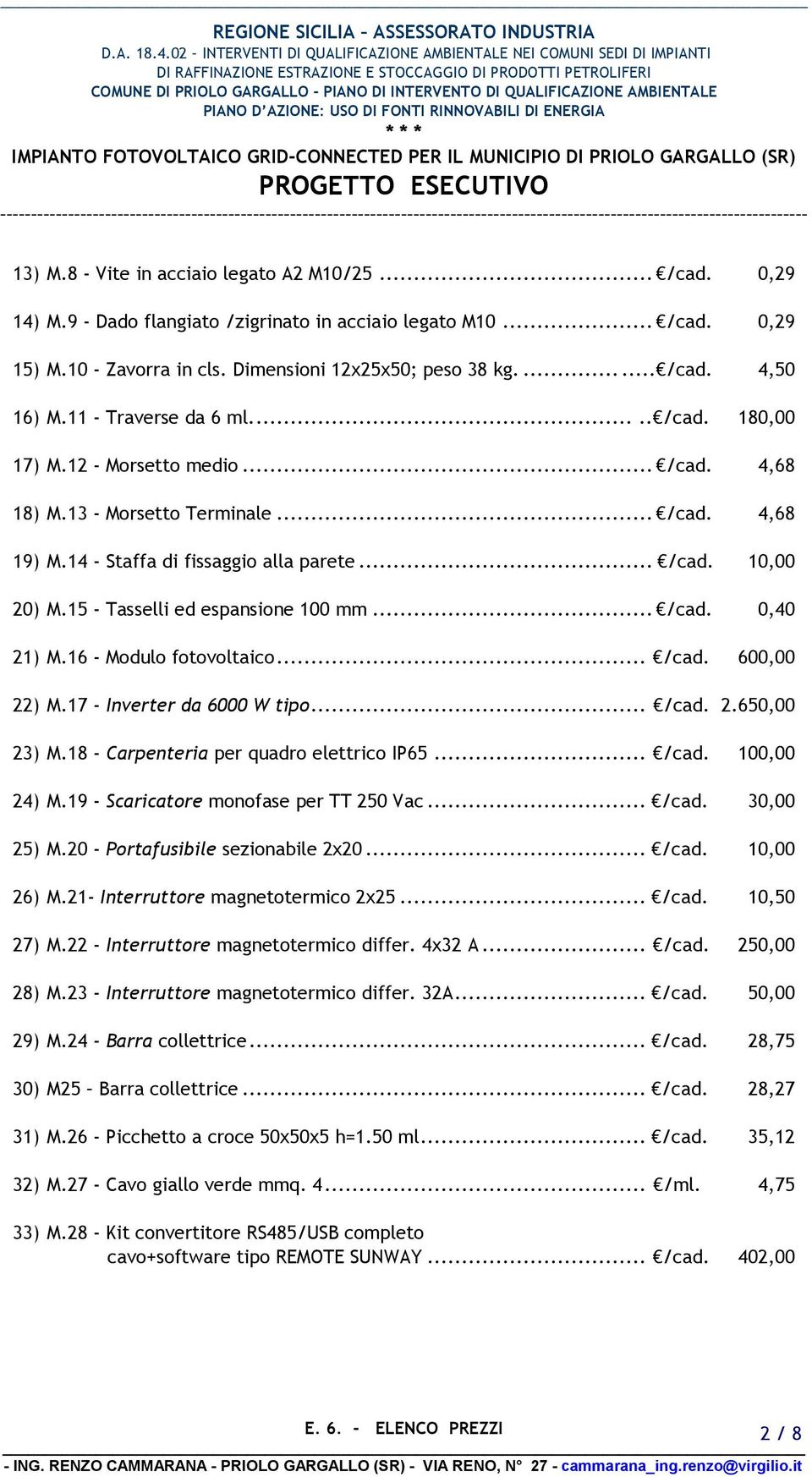 15 - Tasselli ed espansione 100 mm... /cad. 0,40 21) M.16 - Modulo fotovoltaico... /cad. 600,00 22) M.17 - Inverter da 6000 W tipo... /cad. 2.650,00 23) M.18 - Carpenteria per quadro elettrico IP65.
