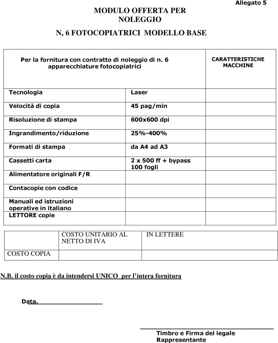 500 ff + bypass 100 fogli Manuali ed istruzioni operative in italiano COSTO UNITARIO AL NETTO DI IVA IN LETTERE