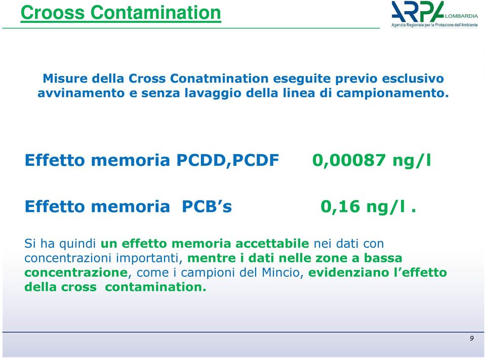 Effetto memoria PCDD,PCDF 0,00087 ng/l Effetto memoria PCB s 0,16 ng/l.