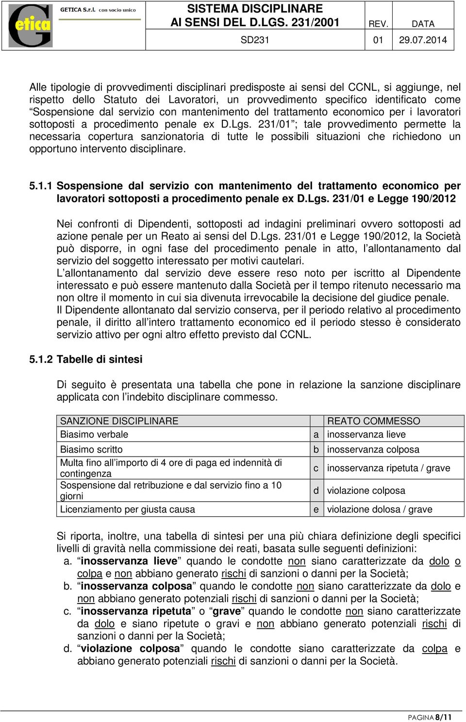 231/01 ; tale provvedimento permette la necessaria copertura sanzionatoria di tutte le possibili situazioni che richiedono un opportuno intervento disciplinare. 5.1.1 Sospensione dal servizio con mantenimento del trattamento economico per lavoratori sottoposti a procedimento penale ex D.