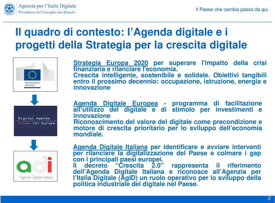 Obiettivi tangibili entro il prossimo decennio: occupazione, istruzione, energia e innovazione Agenda Digitale Europea - programma di facilitazione all utilizzo del digitale e di stimolo per