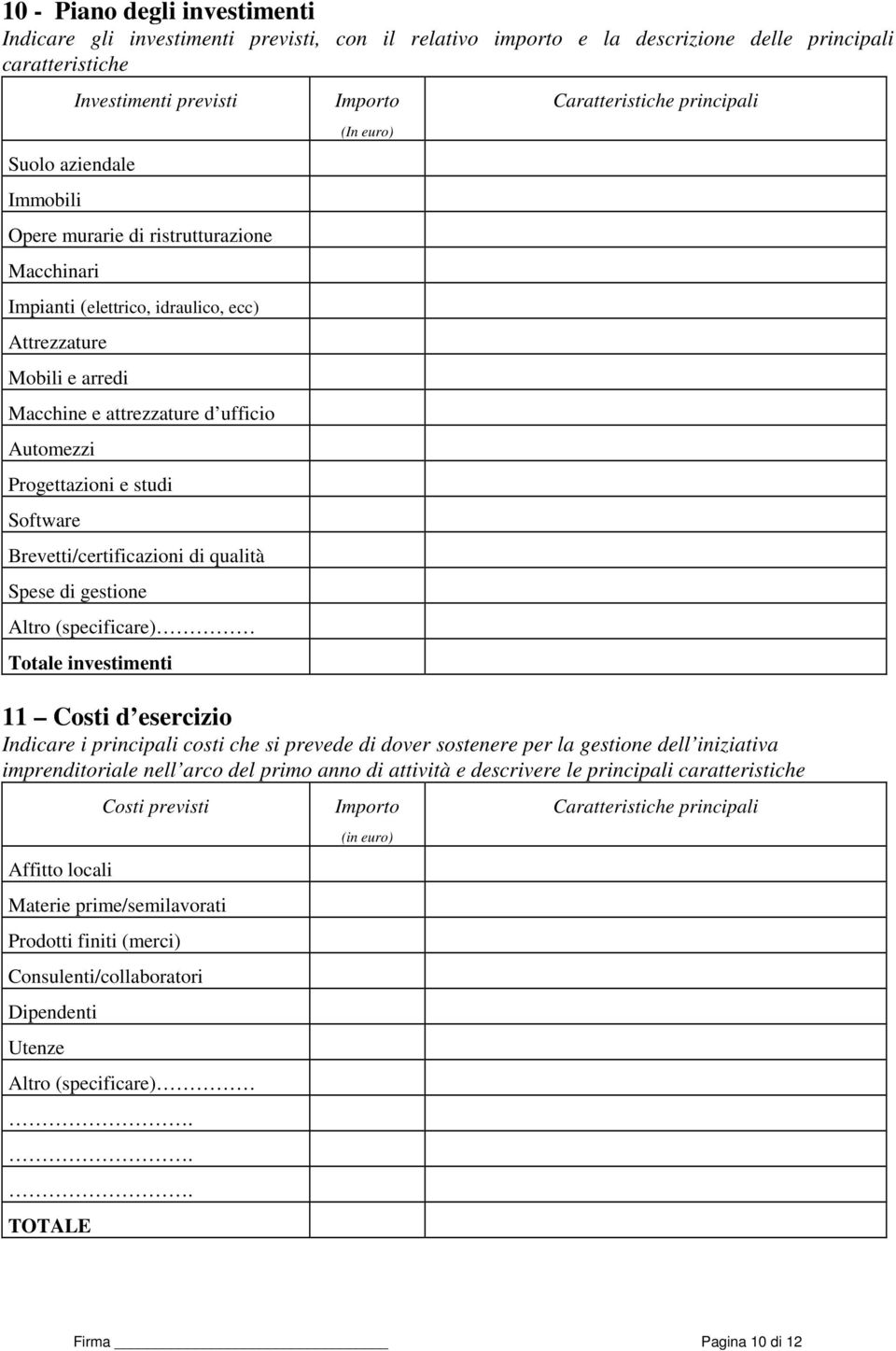 Brevetti/certificazioni di qualità Spese di gestione Altro (specificare) Totale investimenti Importo (In euro) Caratteristiche principali 11 Costi d esercizio Indicare i principali costi che si