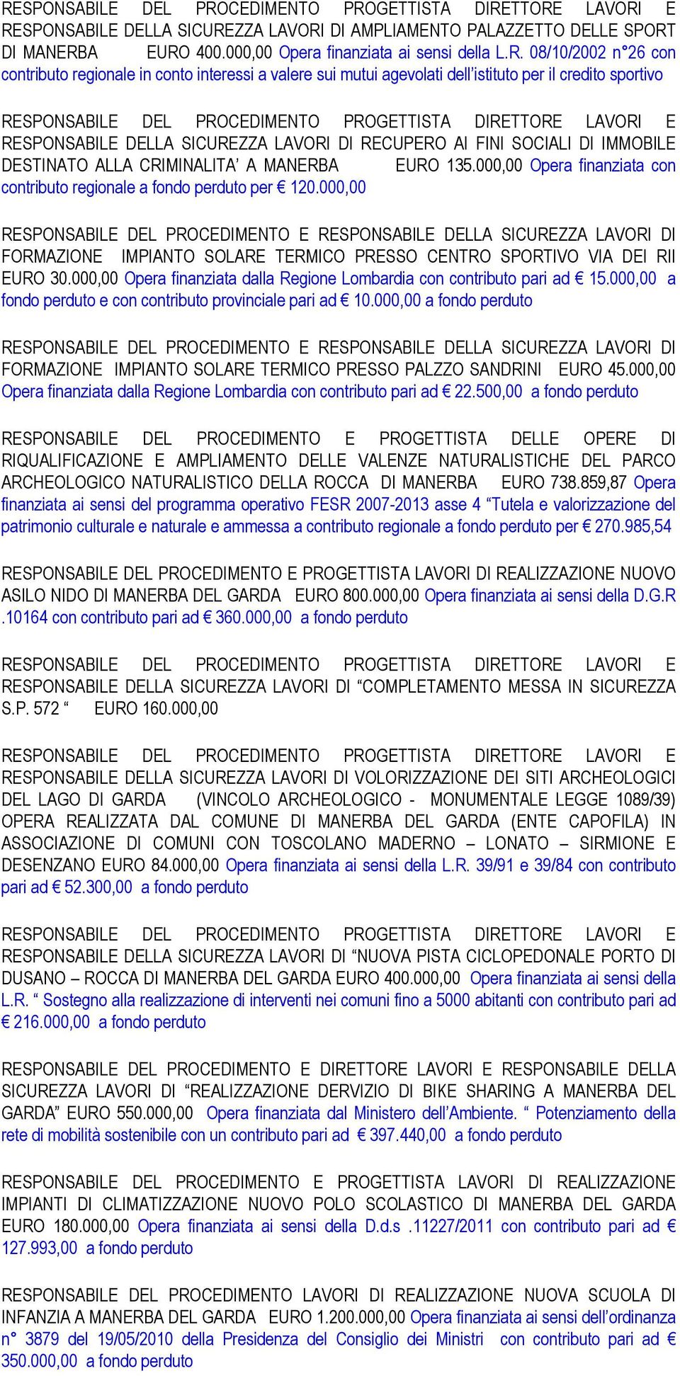 000,00 Opera finanziata con contributo regionale a fondo perduto per 120.000,00 FORMAZIONE IMPIANTO SOLARE TERMICO PRESSO CENTRO SPORTIVO VIA DEI RII EURO 30.