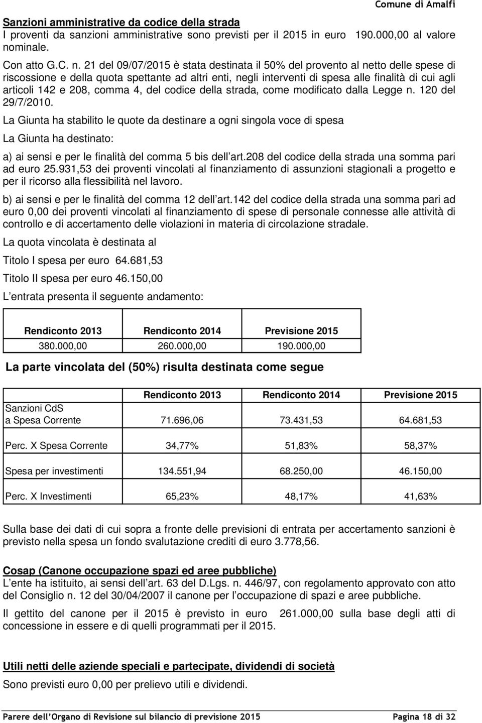 21 del 09/07/2015 è stata destinata il 50% del provento al netto delle spese di riscossione e della quota spettante ad altri enti, negli interventi di spesa alle finalità di cui agli articoli 142 e