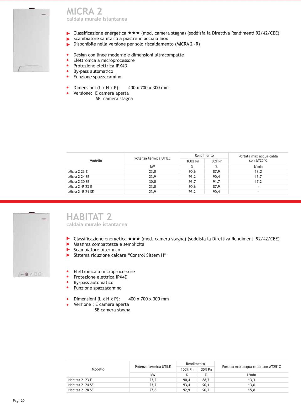 dimensioni ultracompatte Elettronica a microprocessore Funzione spazzacamino Dimensioni (L x H x P): 400 x 700 x 300 mm Versione: E camera aperta SE camera stagna Portata max acqua calda con ΔT25 C