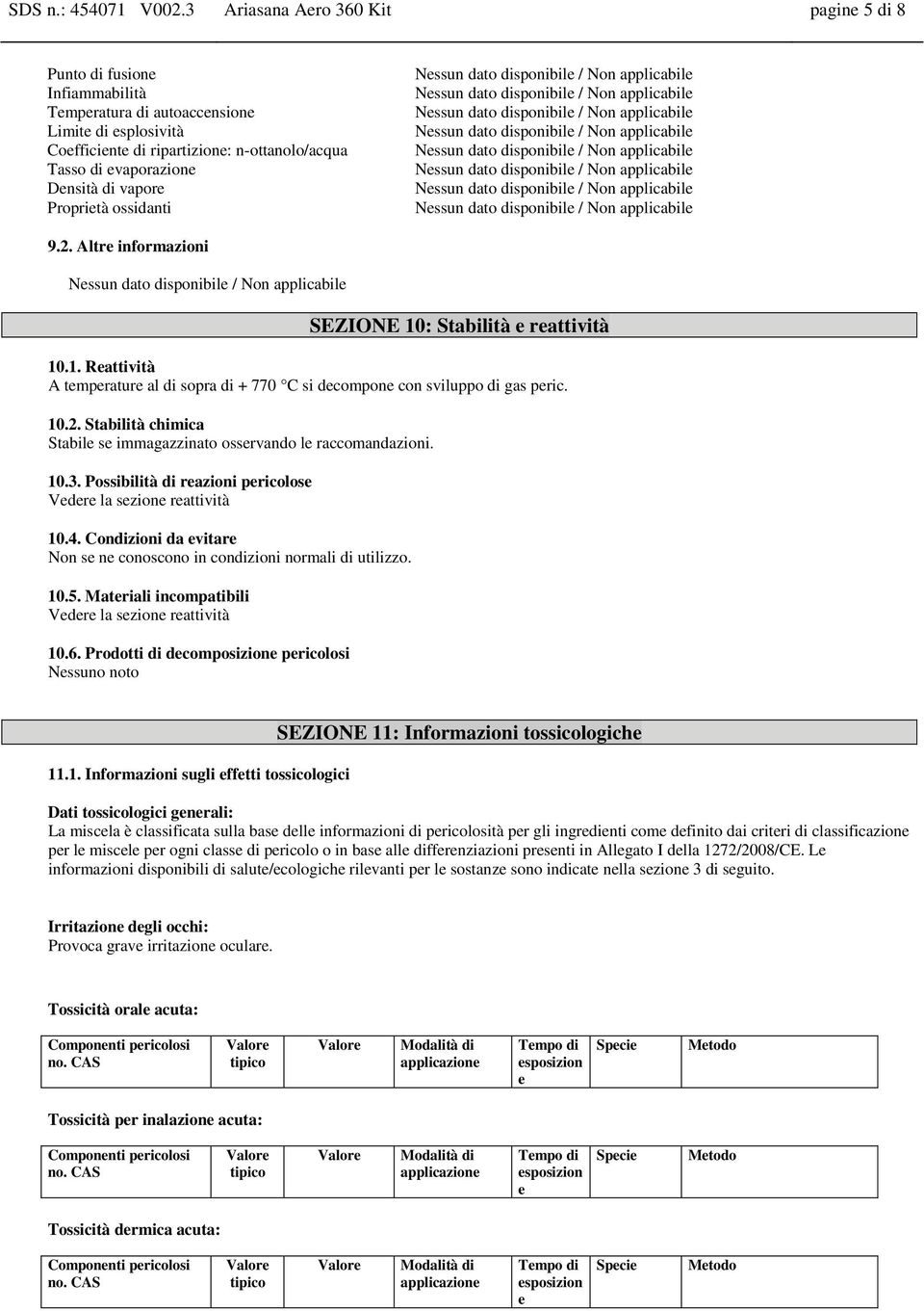 di vapore Proprietà ossidanti 9.2. Altre informazioni SEZIONE 10: Stabilità e reattività 10.1. Reattività A temperature al di sopra di + 770 C si decompone con sviluppo di gas peric. 10.2. Stabilità chimica Stabile se immagazzinato osservando le raccomandazioni.