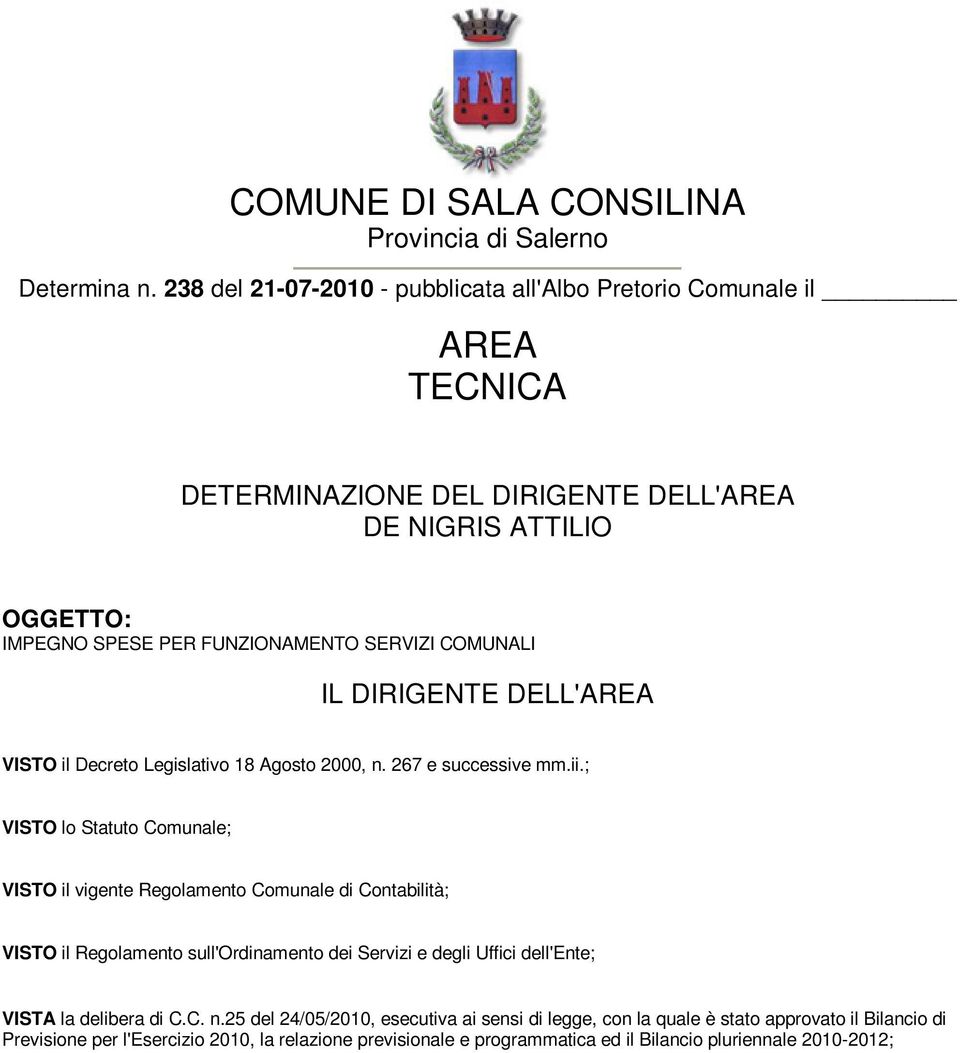 COMUNALI IL DIRIGENTE DELL'AREA VISTO il Decreto Legislativo 18 Agosto 2000, n. 267 e successive mm.ii.