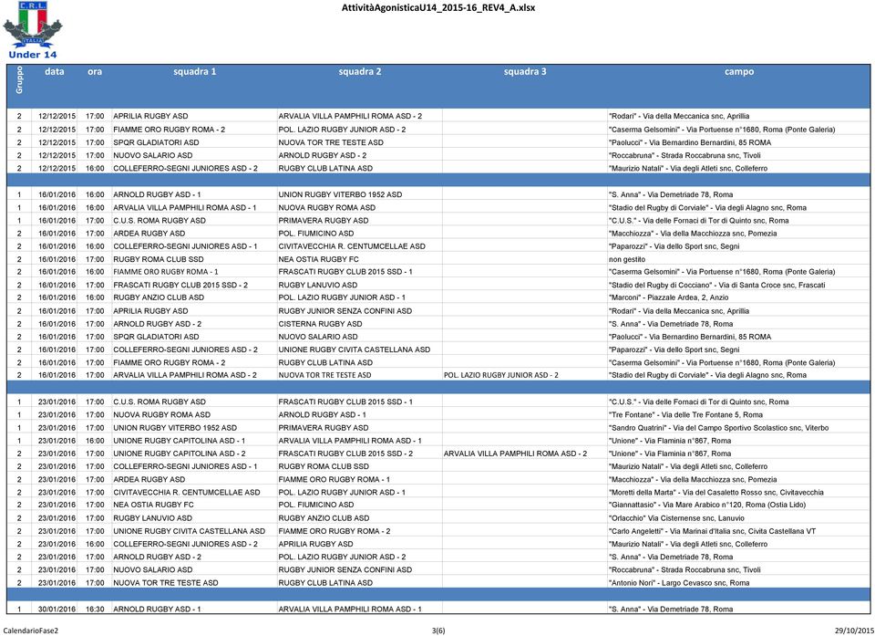 ROMA 2 12/12/2015 17:00 NUOVO SALARIO ASD ARNOLD RUGBY ASD - 2 "Roccabruna" - Strada Roccabruna snc, Tivoli 2 12/12/2015 16:00 COLLEFERRO-SEGNI JUNIORES ASD - 2 RUGBY CLUB LATINA ASD "Maurizio
