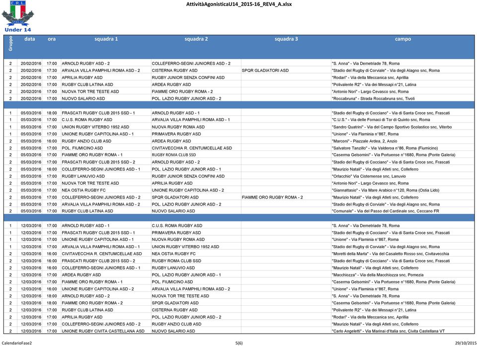 17:00 APRILIA RUGBY ASD RUGBY JUNIOR SENZA CONFINI ASD "Rodari" - Via della Meccanica snc, Aprillia 2 20/02/2016 17:00 RUGBY CLUB LATINA ASD ARDEA RUGBY ASD "Polivalente R2" - Via dei Messapi n 21,
