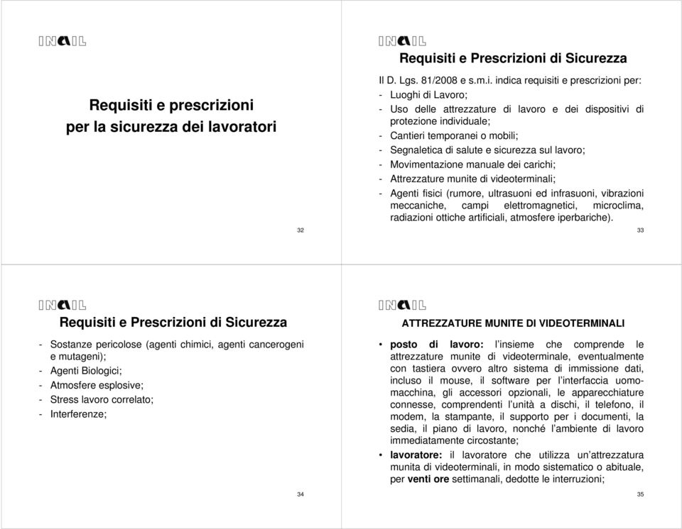 lavoro e dei dispositivi di protezione individuale; - Cantieri temporanei o mobili; - Segnaletica di salute e sicurezza sul lavoro; - Movimentazione manuale dei carichi; - Attrezzature munite di