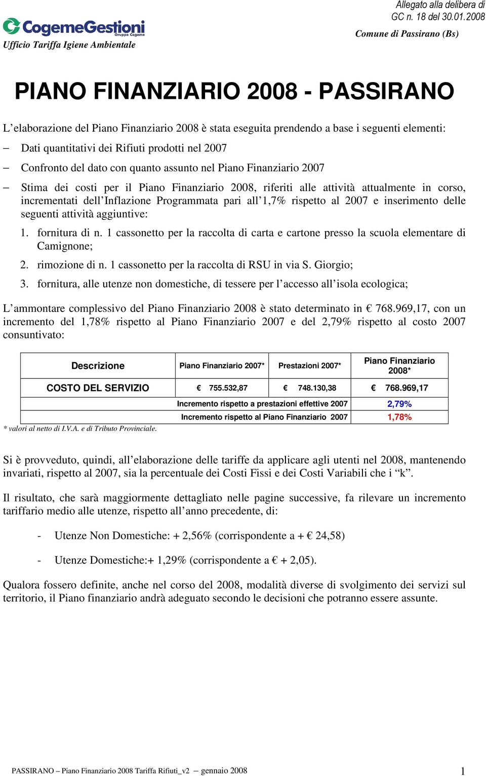 dato con quanto assunto nel Piano Finanziario 2007 Stima dei costi per il Piano Finanziario 2008, riferiti alle attività attualmente in corso, incrementati dell Inflazione Programmata pari all 1,7%