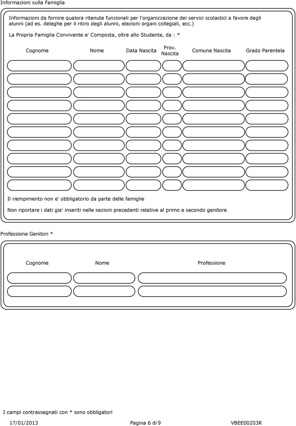 ) La Propria Famiglia Convivente e' Composta, oltre allo Studente, da : * Cognome Nome Data Nascita Prov.