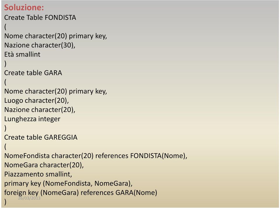 integer ) Create table GAREGGIA ( NomeFondista character(20) references FONDISTA(Nome), NomeGara