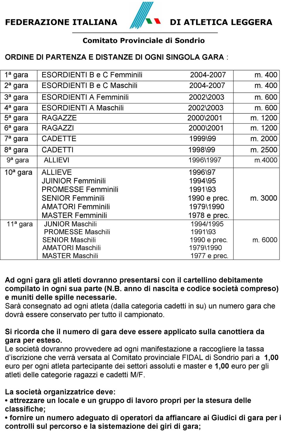 2500 9ª gara ALLIEVI 1996\1997 m.4000 10ª gara ALLIEVE 1996\97 JUINIOR Femminili 1994\95 PROMESSE Femminili 1991\93 SENIOR Femminili 1990 e prec.