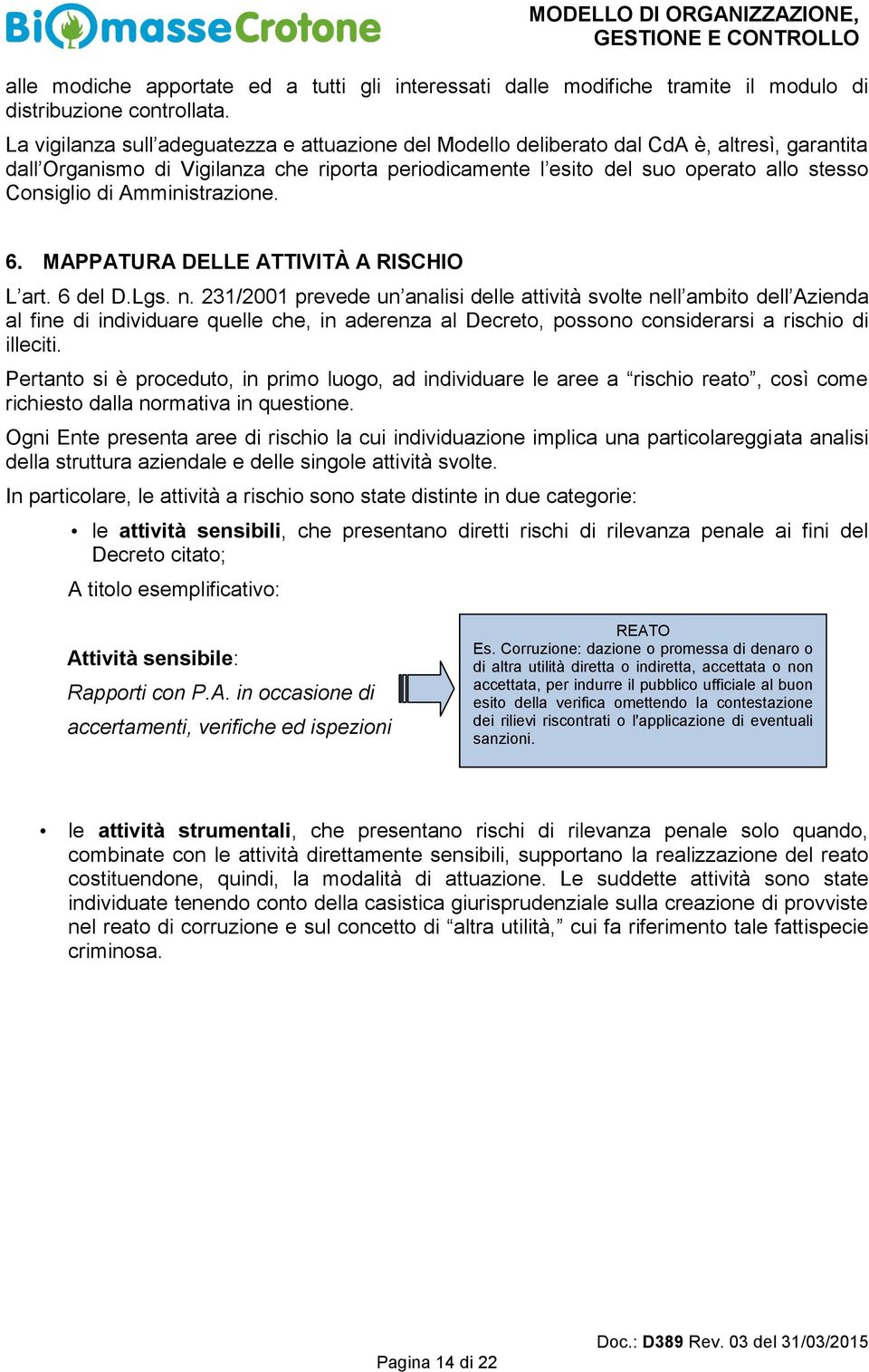 Amministrazione. 6. MAPPATURA DELLE ATTIVITÀ A RISCHIO L art. 6 del D.Lgs. n.