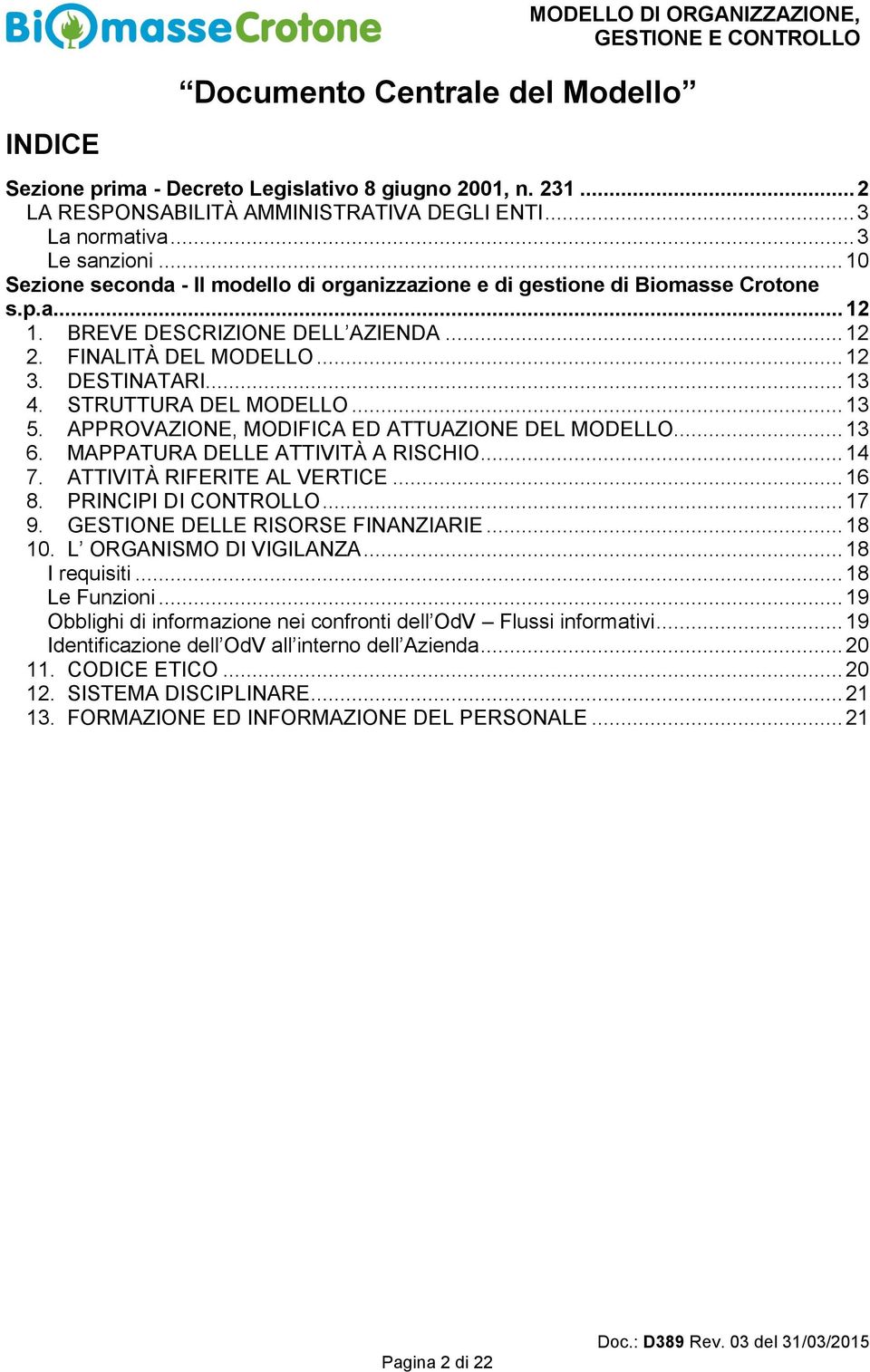 .. 12 3. DESTINATARI... 13 4. STRUTTURA DEL MODELLO... 13 5. APPROVAZIONE, MODIFICA ED ATTUAZIONE DEL MODELLO... 13 6. MAPPATURA DELLE ATTIVITÀ A RISCHIO... 14 7. ATTIVITÀ RIFERITE AL VERTICE... 16 8.