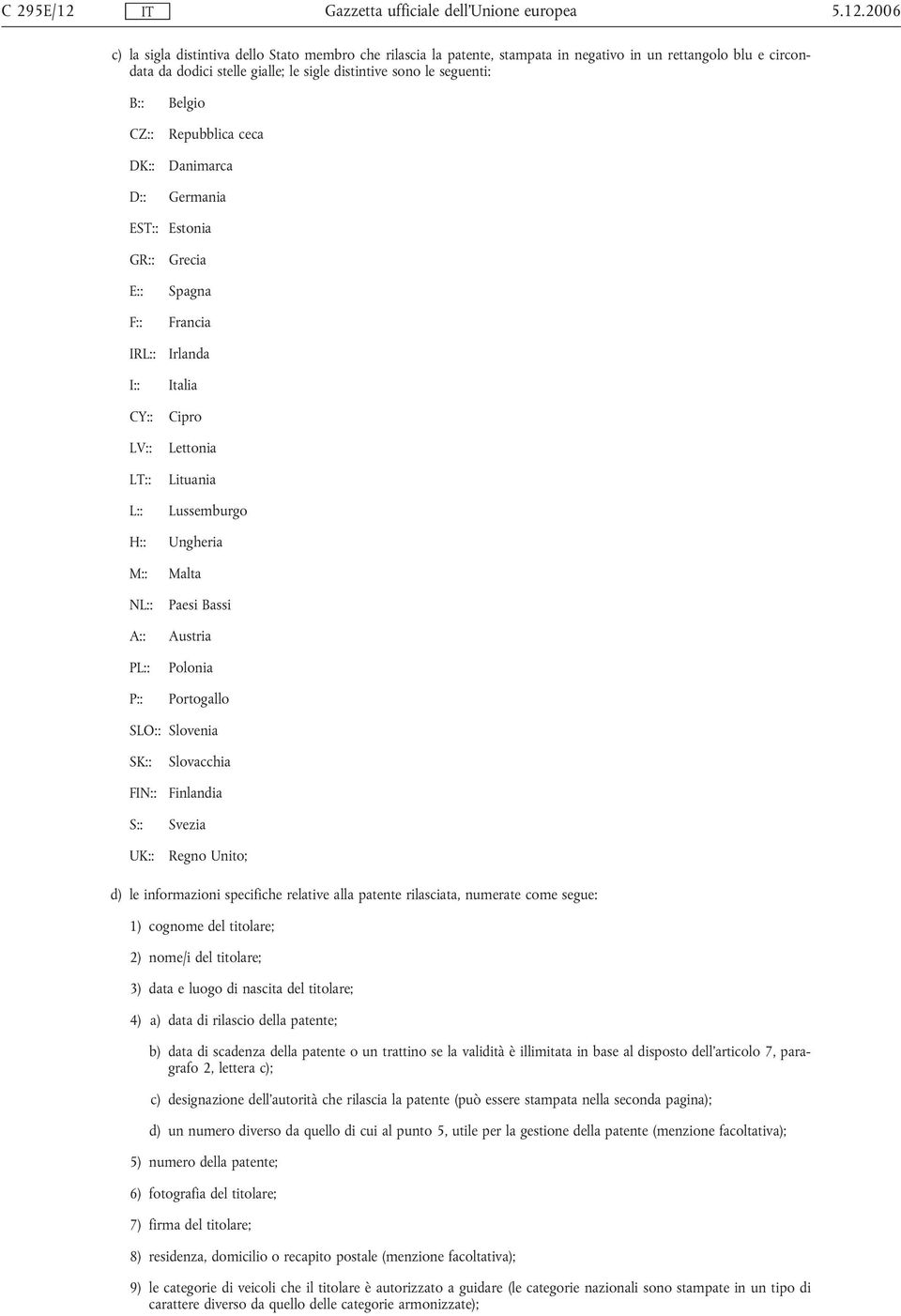 CZ:: DK:: D:: EST:: GR:: E:: F:: IRL:: I:: CY:: LV:: LT:: L:: H:: M:: NL:: A:: PL:: P:: Belgio Repubblica ceca Danimarca Germania Estonia Grecia Spagna Francia Irlanda Italia Cipro Lettonia Lituania