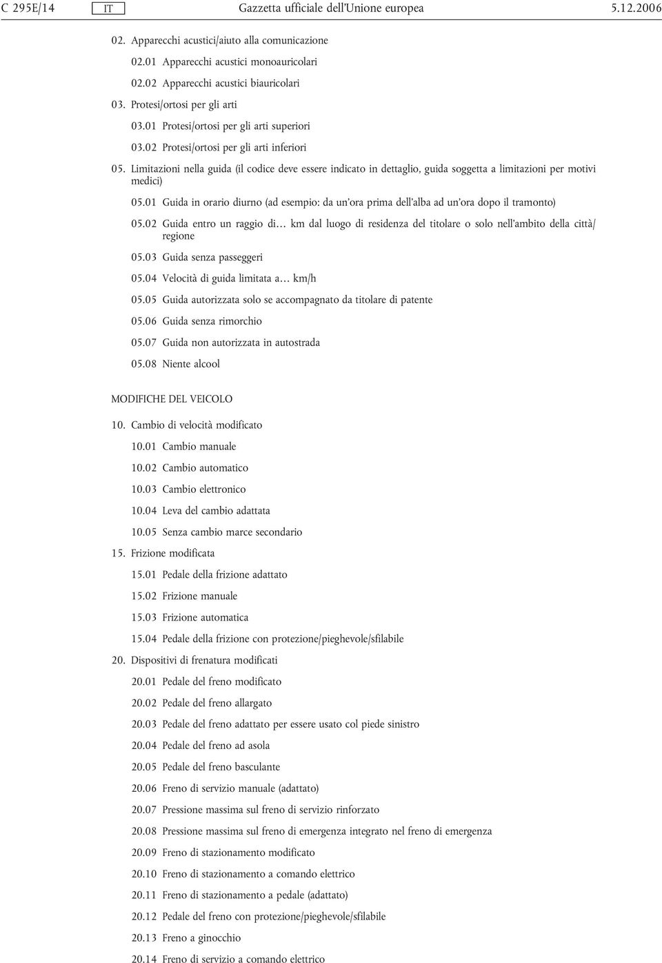 Limitazioni nella guida (il codice deve essere indicato in dettaglio, guida soggetta a limitazioni per motivi medici) 05.