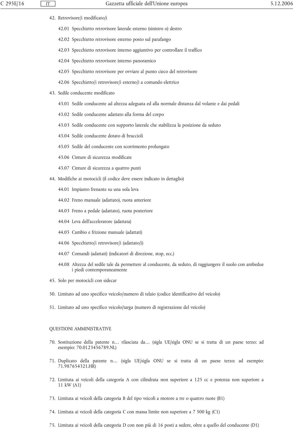 06 Specchietto/i retrovisore/i esterno/i a comando elettrico 43. Sedile conducente modificato 43.01 Sedile conducente ad altezza adeguata ed alla normale distanza dal volante e dai pedali 43.