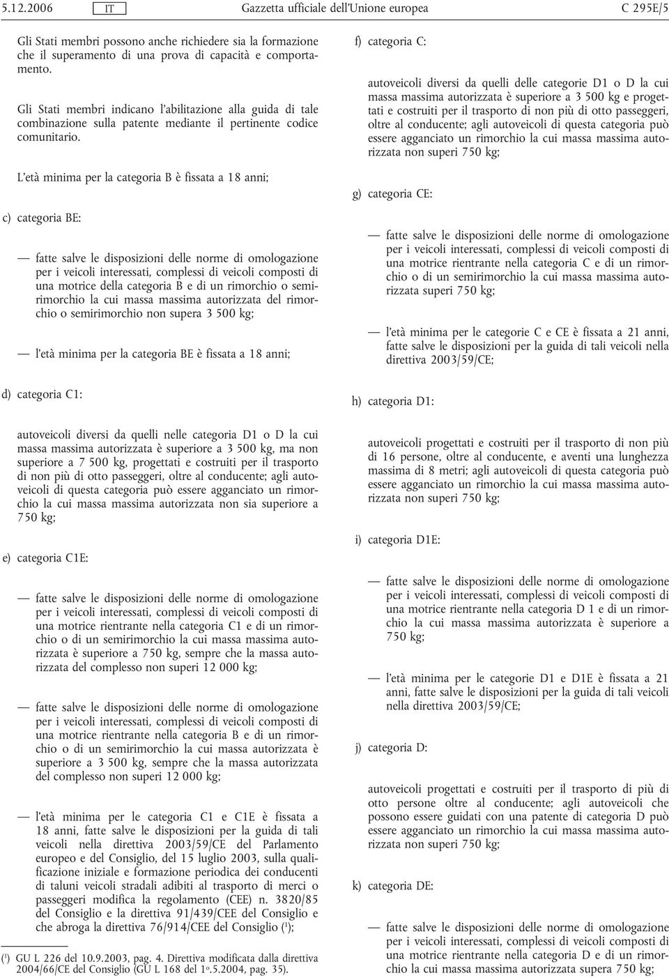 L'età minima per la categoria B è fissata a 18 anni; c) categoria BE: fatte salve le disposizioni delle norme di omologazione per i veicoli interessati, complessi di veicoli composti di una motrice