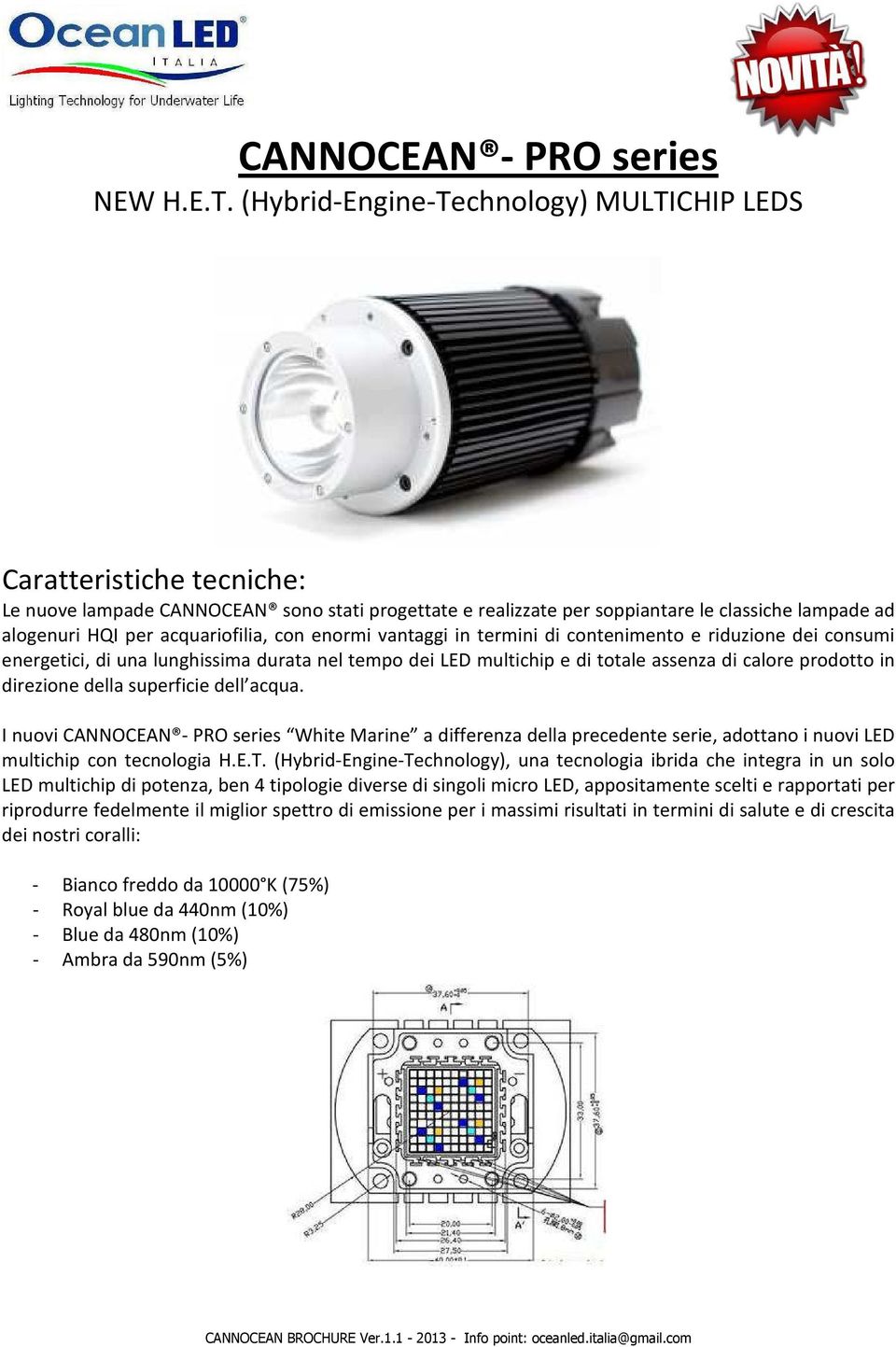 acquariofilia, con enormi vantaggi in termini di contenimento e riduzione dei consumi energetici, di una lunghissima durata nel tempo dei LED multichip e di totale assenza di calore prodotto in