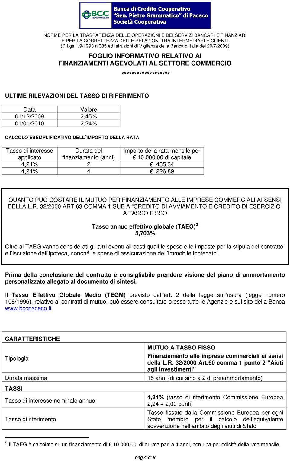 63 COMMA 1 SUB A CREDITO DI AVVIAMENTO E CREDITO DI ESERCIZIO A TASSO FISSO Tasso annuo effettivo globale (TAEG) 2 5,703% Oltre al TAEG vanno considerati gli altri eventuali costi quali le spese e le