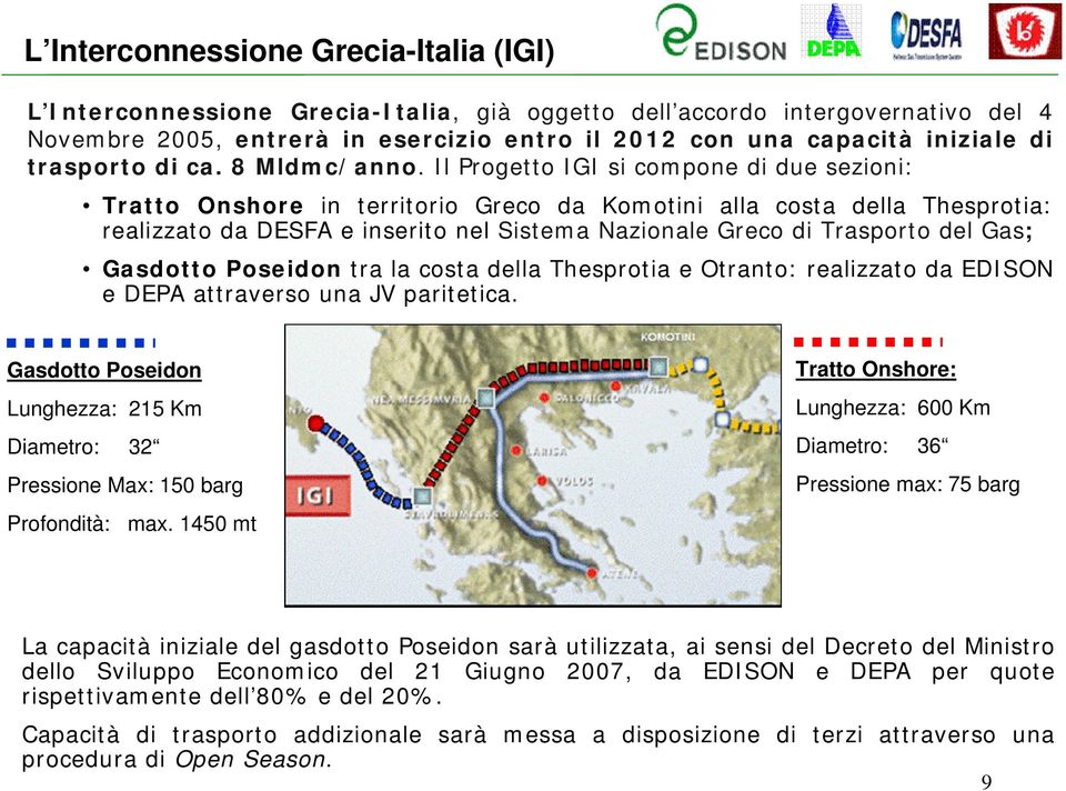 Il Progetto IGI si compone di due sezioni: Tratto Onshore in territorio Greco da Komotini alla costa della Thesprotia: realizzato da DESFA e inserito nel Sistema Nazionale Greco di Trasporto del Gas;