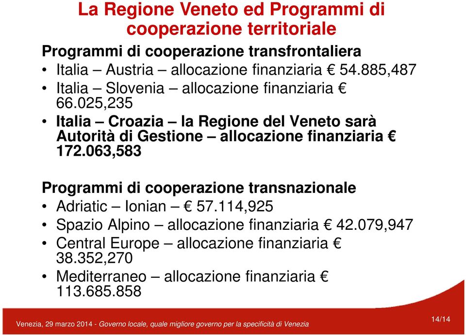 025,235 Italia Croazia la Regione del Veneto sarà Autorità di Gestione allocazione finanziaria 172.