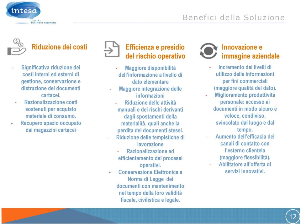 - Recupero spazio occupato dai magazzini cartacei Efficienza e presidio del rischio operativo - Maggiore disponibilità dell informazione a livello di dato elementare - Maggiore integrazione delle